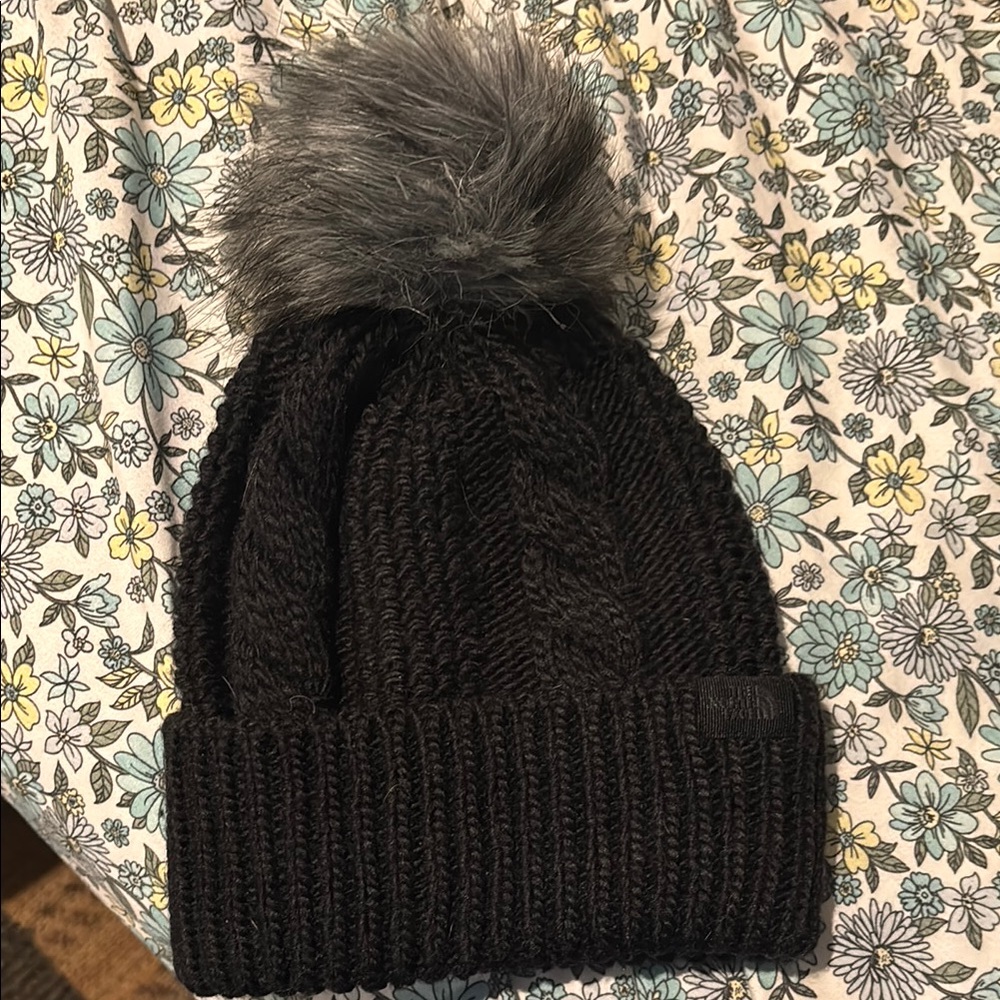 The North Face Black Knit Beanie with Gray Pom